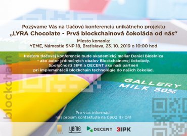 Pozvánka na tlačovú konferenciu k uvedeniu LYRA GALLERY - blockchainovej čokolády do predaja